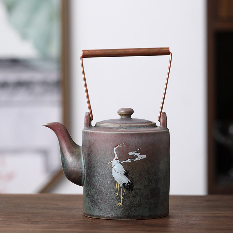 瑞鹤呈祥提梁壶窑变粗陶茶具单壶凉水壶复古简约茶壶提梁老式壶