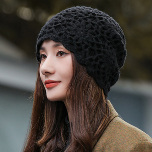 帽子女款2025新款洋气针织帽手工勾花毛线帽秋冬保暖遮白发堆堆帽