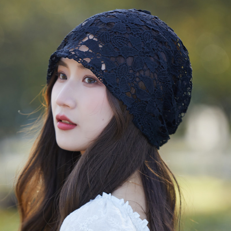 蕾丝帽子女士春夏季洋气堆堆帽薄款包头帽镂空妈妈套头帽遮白发帽