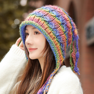 帽子女士秋冬保暖护耳毛线帽手工编制防寒针织帽显脸小流苏包头帽