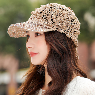 帽子女款春夏镂空钩花棒球帽手工编制棉鸭舌帽2025新款遮白发帽子