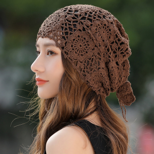 帽子女春秋季镂空勾花包头帽2025新款透气堆堆帽蕾丝薄款遮白发帽