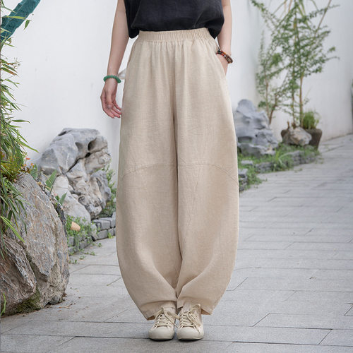 苎麻灯笼裤文艺复古26新款宽松休闲裤棉麻萝卜裤阔腿松紧腰女裤子
