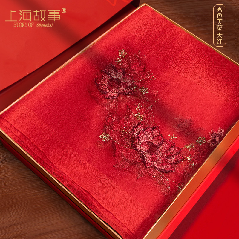 高档刺绣羊毛红色围巾丝巾披肩