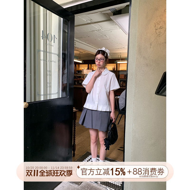 霍里德地图 miu系学院蕾丝边百褶短袖衬衫女白色娃娃领百搭小衫