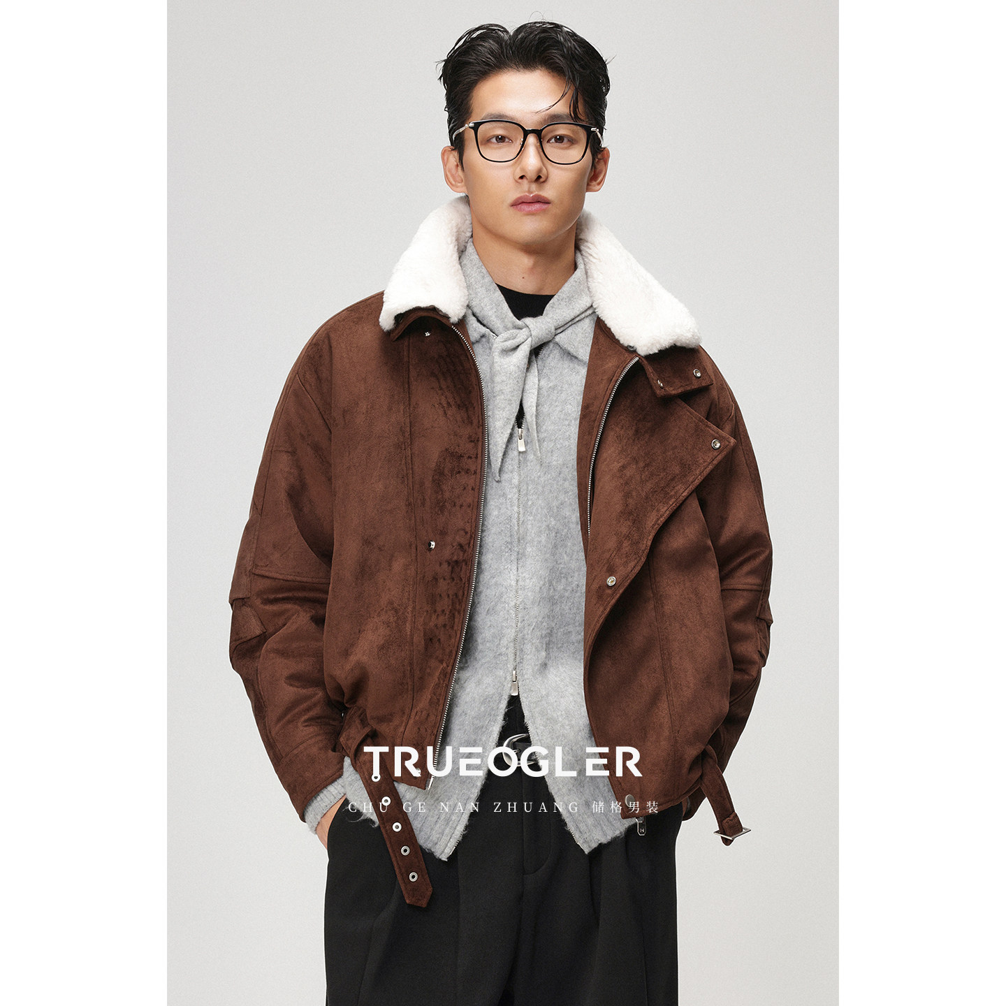 加厚夹棉麂皮绒拼接夹克外套男