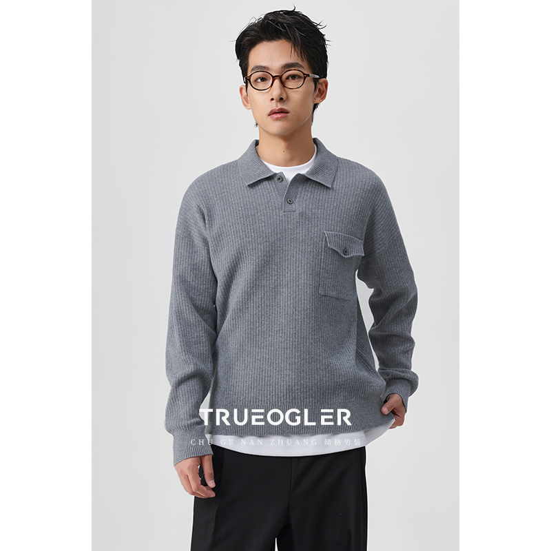 POLO领羊毛针织开衫男宽松