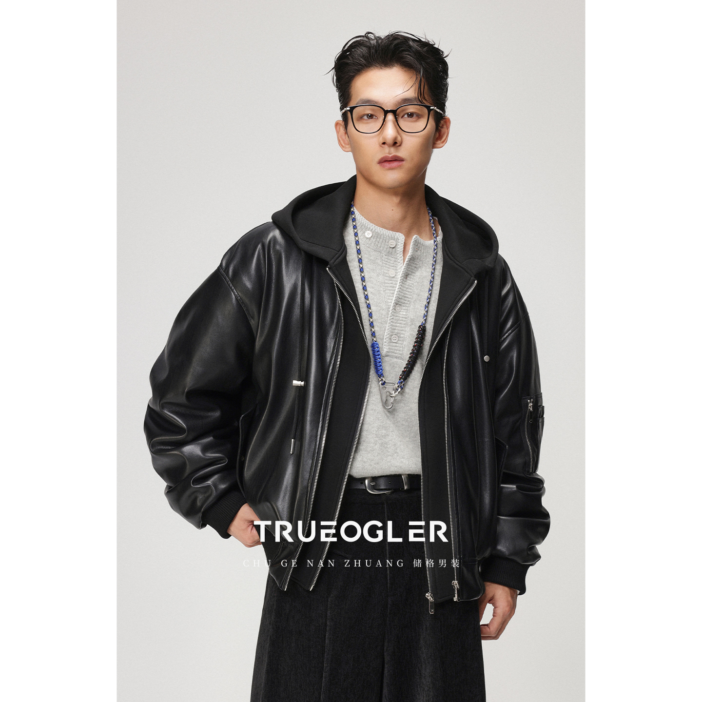 加厚夹棉假两件PU皮夹克外套男