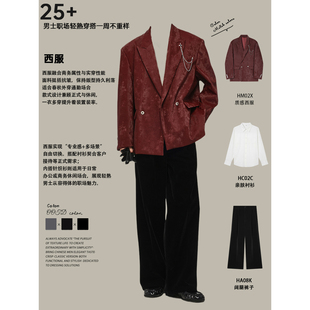 PU休闲西服男抗皱耐磨皮西装 套装 外套宽松戗驳领酒红上衣 储格