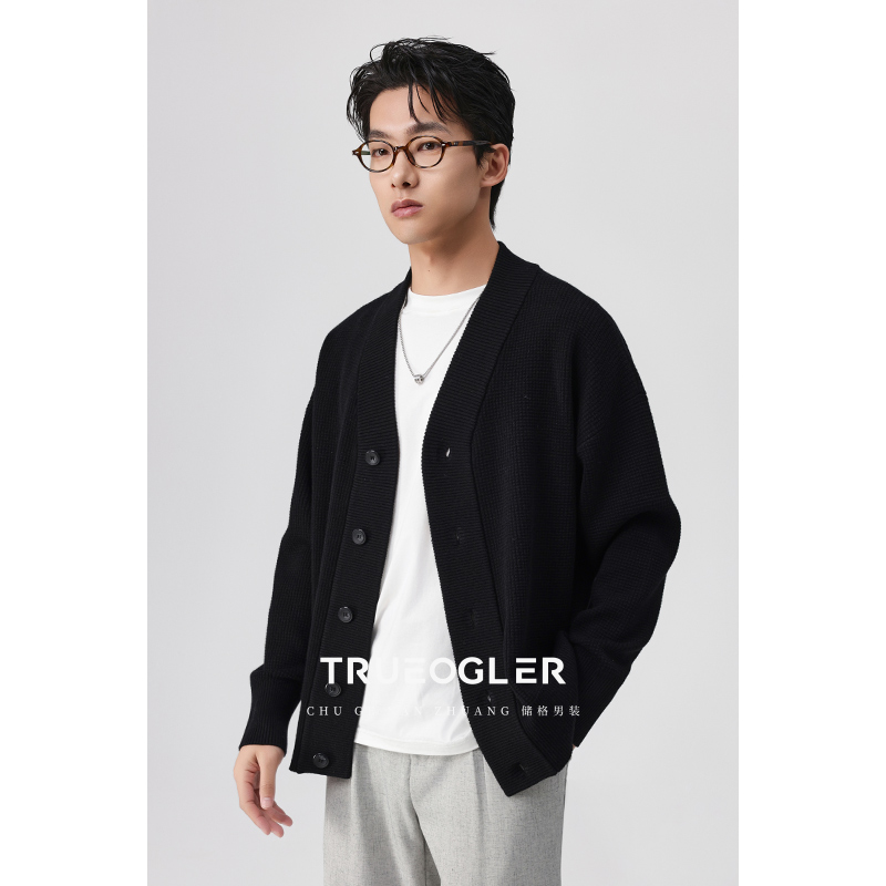 羊毛针织开衫男宽门襟宽松V领