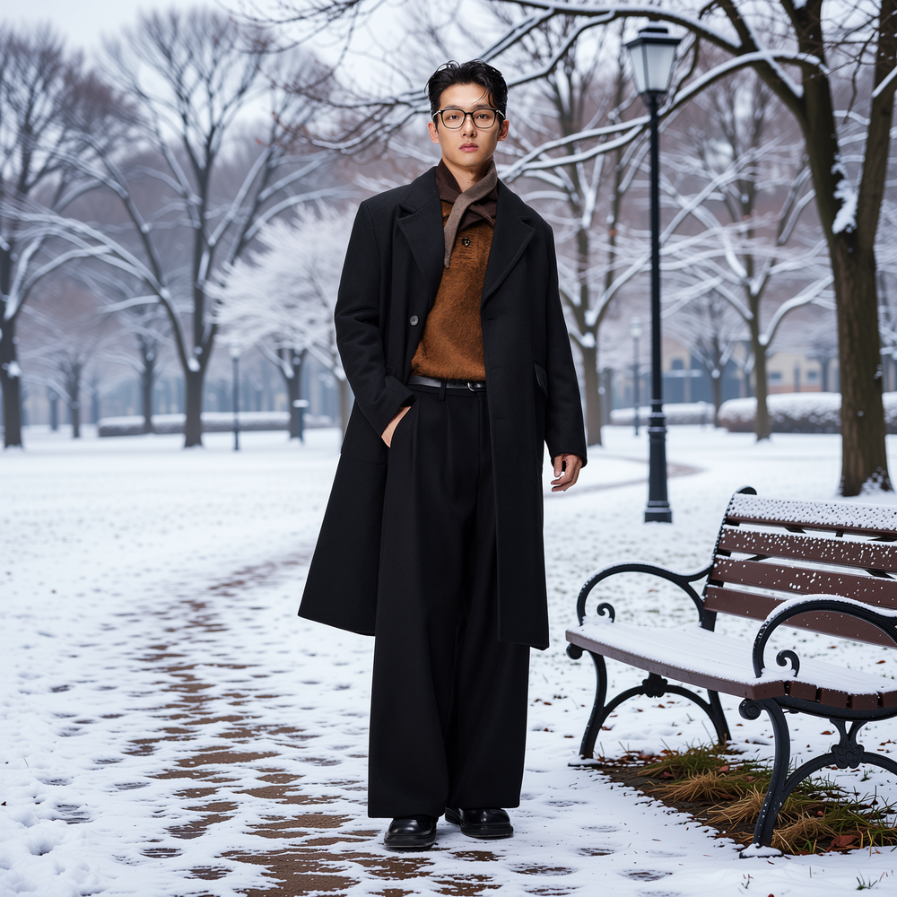 休闲羊毛大衣男单排扣过膝长款