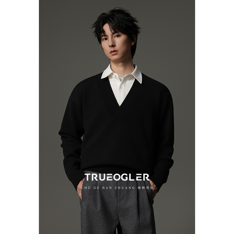 深V领宽松毛衣男士2025秋冬季