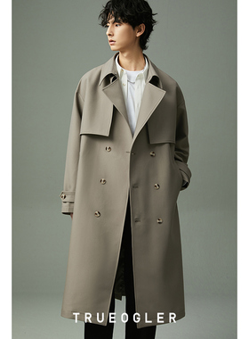 【储格】双层叠片长款风衣男过膝系带春秋季男士休闲帅气工装外套