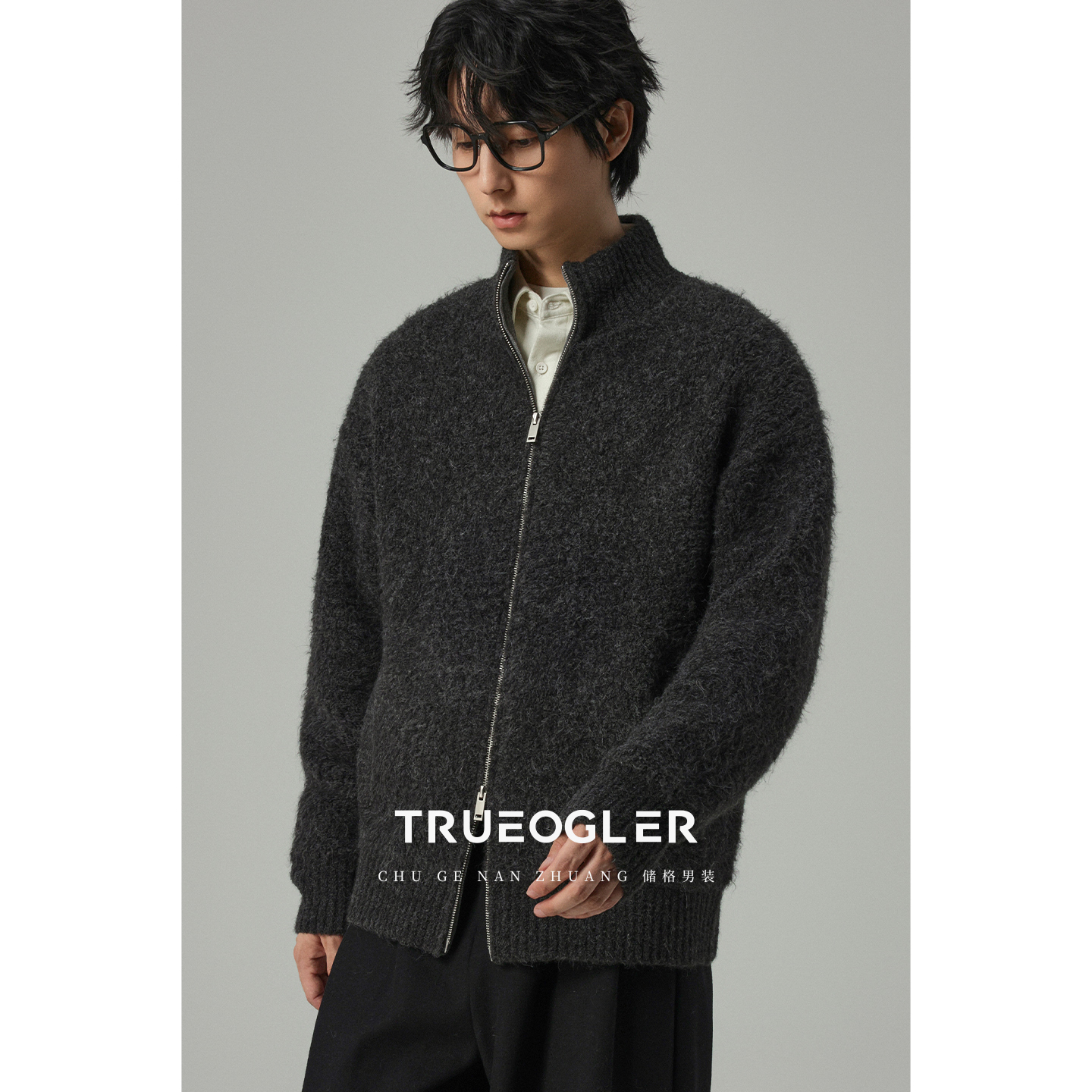 立领针织开衫男羊毛圈圈纱