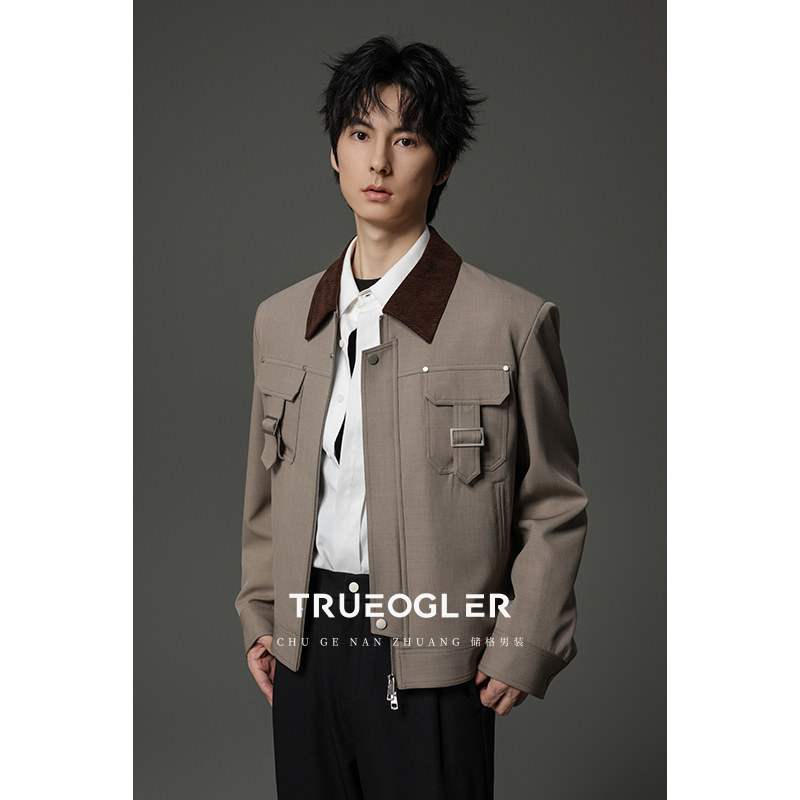 【储格】平纹短款休闲夹克男拼色五金件设计直角肩宽松翻领外套秋,男装,夹克,淘宝优惠券,粉丝福利购,淘宝优惠卷