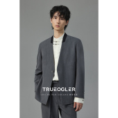 休闲西服男麻纱宽松小西装 拼色无领新中式 国风设计感外套 储格