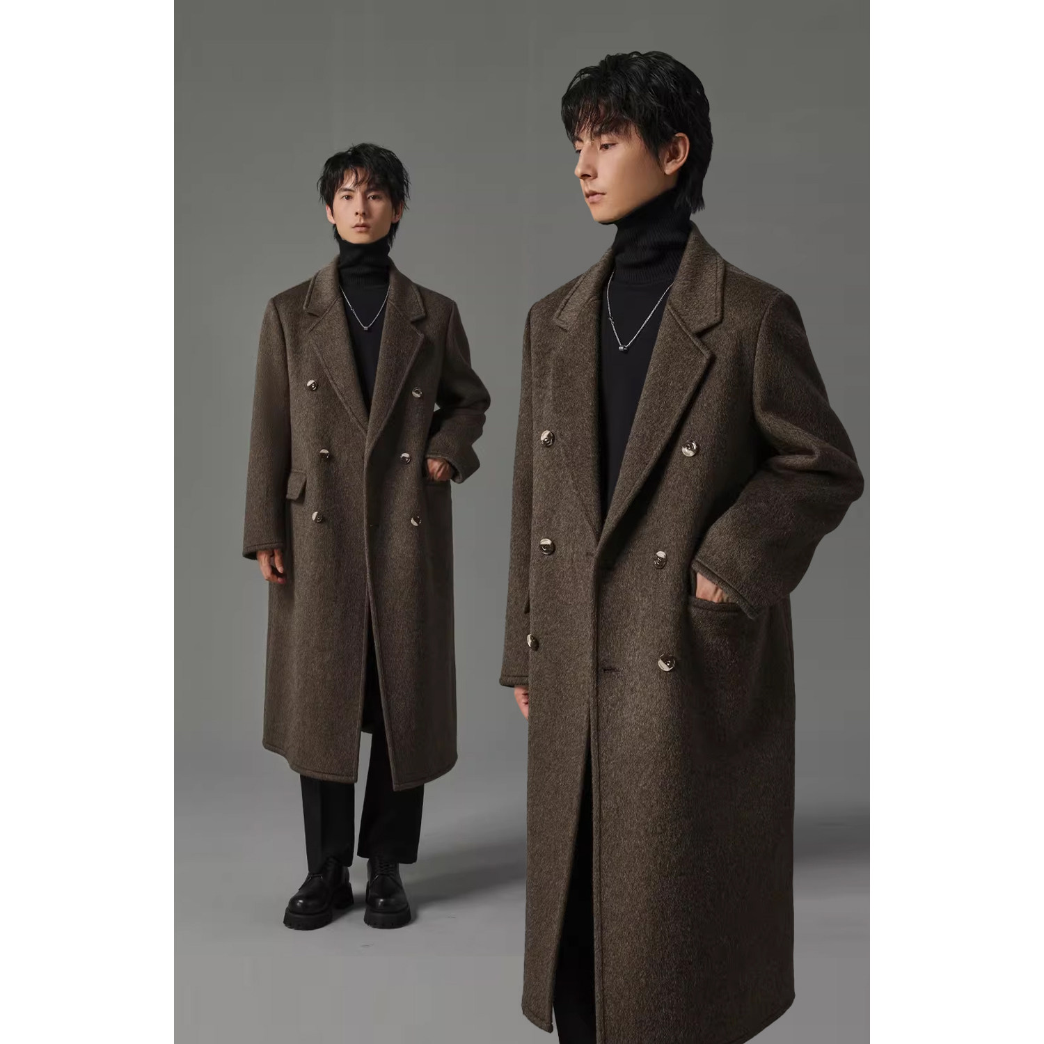 【鹅绒内胆】储格老钱风双面羊毛呢子大衣男中长款带垫肩风衣外套,男装,毛呢大衣,淘宝优惠券,粉丝福利购,淘宝优惠卷