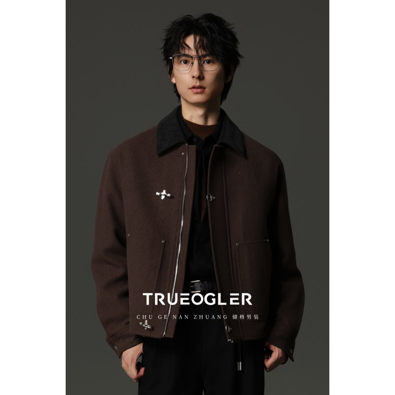 羊毛呢子夹克男飞机扣装饰