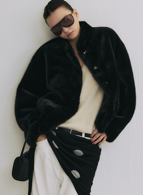 SLO“小樽暮色”黑色环保皮草外套女2025新款爆款仿貂毛绒感上衣