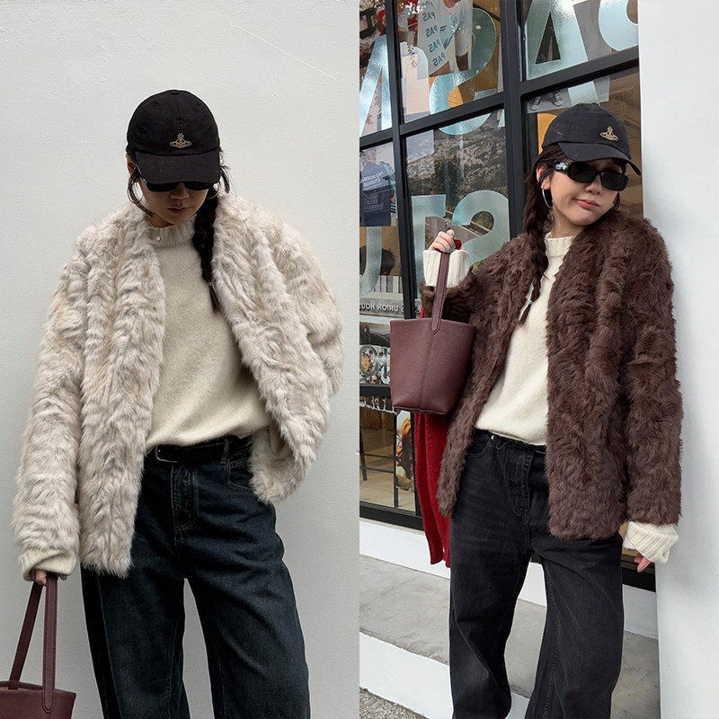 SLO羊卷毛皮毛一体短款皮草外套