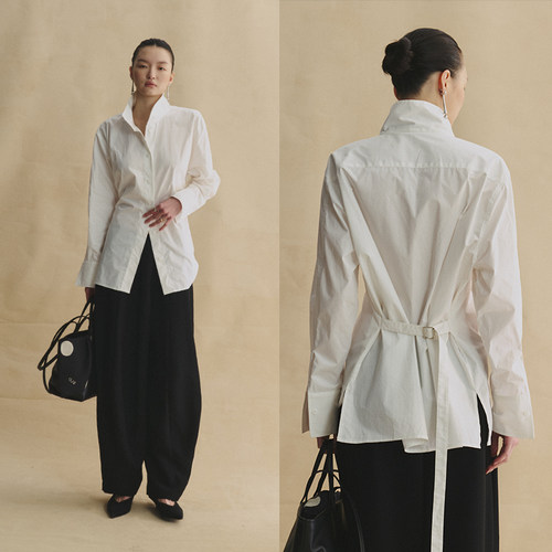 SLO“高智女绅”立领白衬衫高支高密长绒棉调节腰带挺阔百搭衬衣