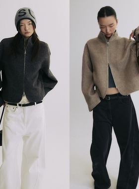 SLO“丹麦故事”短款羊毛外套女2025新款双面呢高级灰色立领上衣