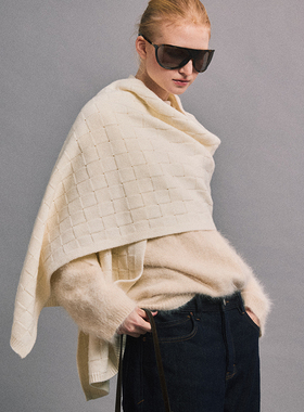 SLO“雪季恋人”羊毛披肩女冬2025新款高级格子针织领巾白色围巾