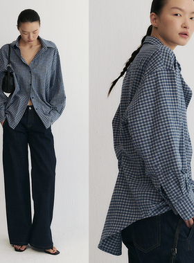 SLO“老友书店”磨毛衬衫经典格纹落肩宽松H型衬衣女早秋长袖上衣