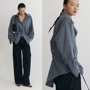 SLO“老友书店”磨毛衬衫经典格纹落肩宽松H型衬衣女早秋长袖上衣