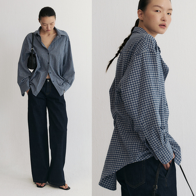 SLO“老友书店”磨毛衬衫经典格纹落肩宽松H型衬衣女早秋长袖上衣