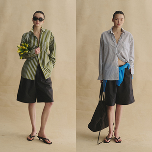 SLO“天才女友”高智条纹衬衫超高支长绒棉长期主义落肩廓形衬衣