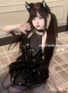 辣妹计划~万圣节性感漆皮小恶魔cos制服套装纯欲小胸情调内衣qqny
