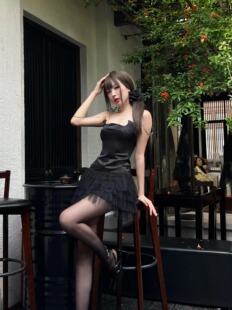 Cjxnh小恶魔连衣裙抹胸蓬蓬网纱万圣节小黑裙设计感百搭显瘦包邮