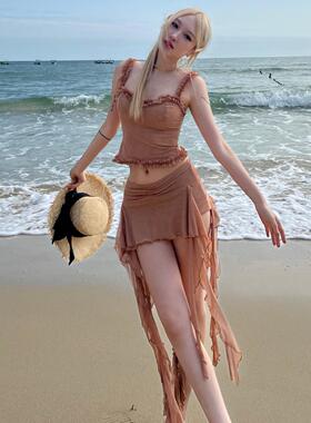 Cjxnh吊带飘带短裙套装 辣妹修身木耳边氛围感薄纱粉色不规则裙摆