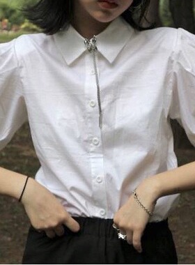 cjxnh 短袖衬衫 黑白泡泡袖垫肩 女 暗黑风 春夏显瘦 超遮肉 百搭