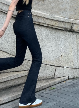 Cjxnh牛仔长裤rose同款微喇叭高腰休闲显瘦神裤深蓝色高级百搭