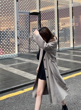 Cjxnh气质毛呢大衣拿铁高级灰色 秋冬廓形2021韩版中长款显瘦百搭