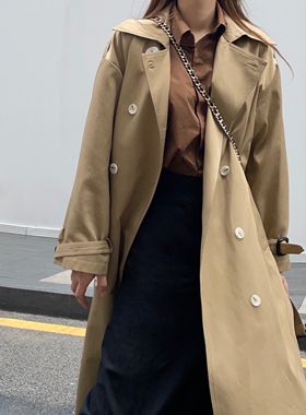 Cjxnh高级感风衣 卡其黑色秋冬长款双排扣 垂感显瘦韩版气质百搭