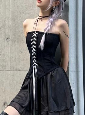 Cjxnh绑带抹胸鱼骨上衣 显瘦暗黑修身上衣无袖夏日辣妹背心黑色