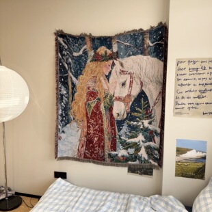 捷克穆夏风格 斯拉夫民族油画 冬季温暖氛围感白马少女装饰挂毯