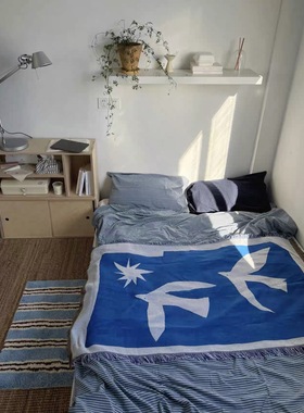 简约中古风马蒂斯蓝色系 小鸟 剪影风格 盖毯卧室盖毯