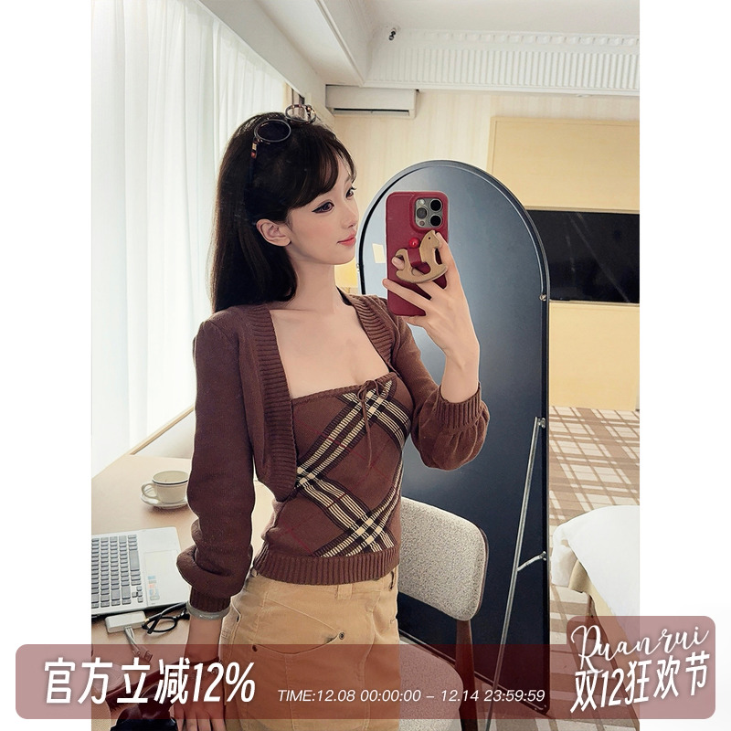 复古昭和针织格纹抹胸开衫两件套