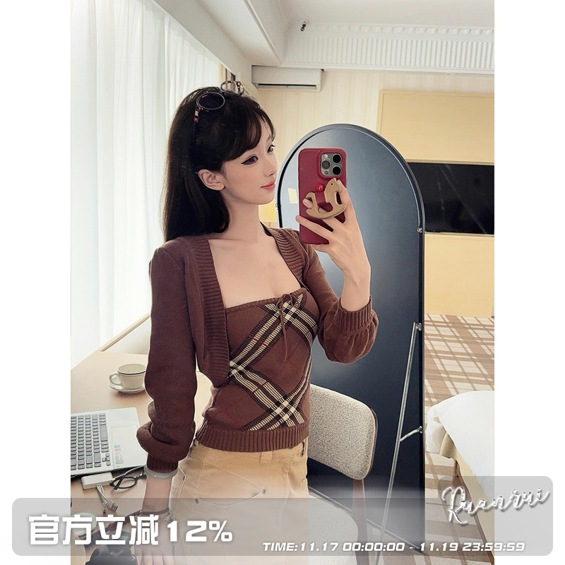 复古昭和针织格纹抹胸开衫两件套