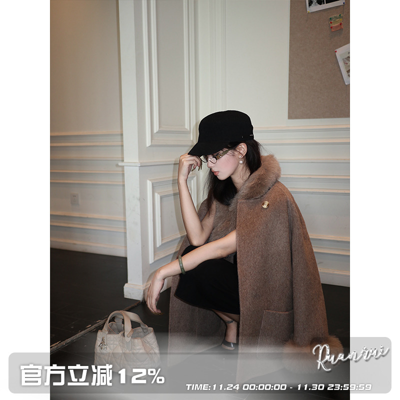 Ruanrui100绵羊毛双面呢斗篷大衣