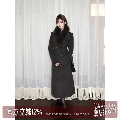 优雅韵味羊毛混纺狐狸毛收腰大衣
