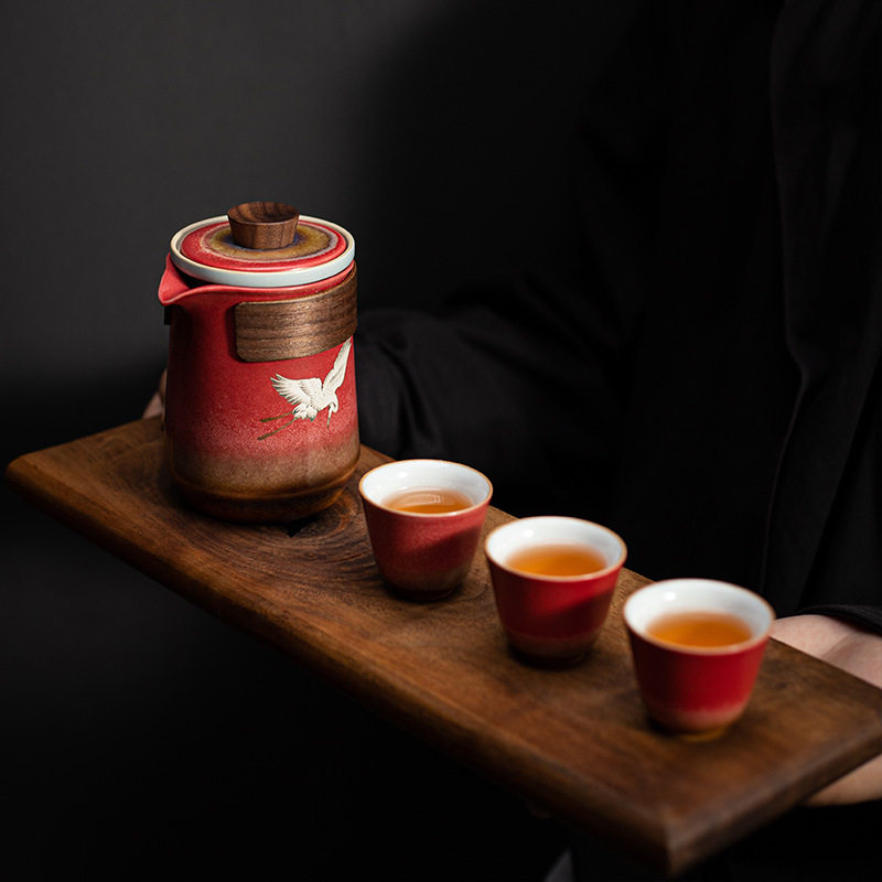 窑变釉宫墙红快客杯日式一壶三杯便携式户外旅行功夫茶具小套装