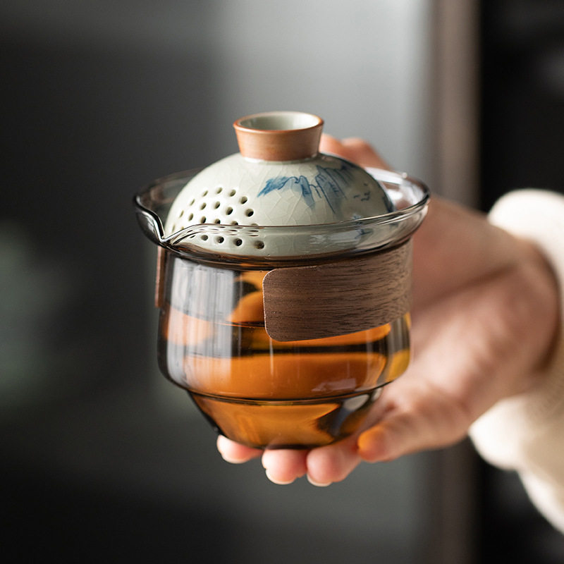 手绘一壶三杯户外旅行茶具套装便携式玻璃快客杯泡茶冰裂陶瓷茶杯