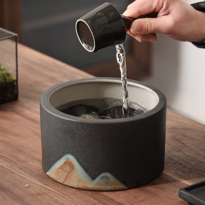 釉画彩茶洗杯洗手工粗陶水洗水盂茶渣桶大小号圆形功夫茶道零配