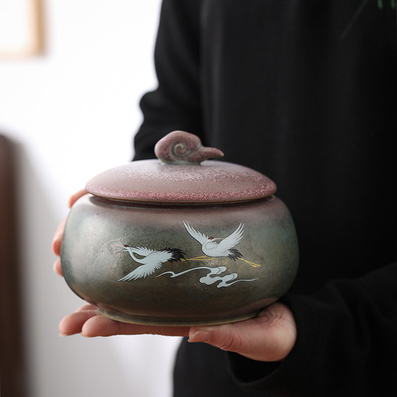 瑞鹤呈祥茶叶罐窑变焕彩手工复古大小号陶瓷密封罐普洱储茶罐