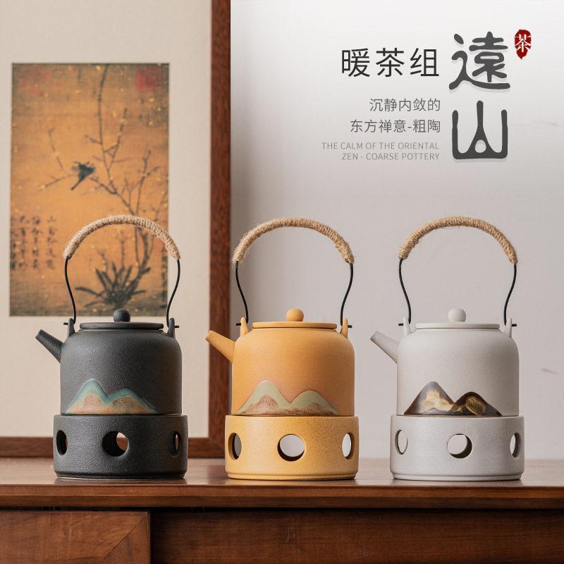 日式手绘远山暖茶炉套装手工粗陶温茶器功夫茶具蜡烛加热底座保温